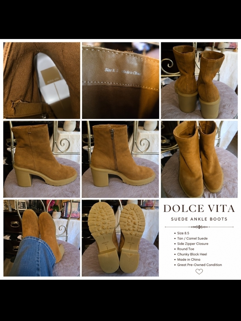 Dolce Vita Camel Suede Ankle Boots with Chunky Block Heel